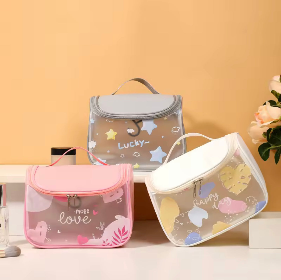 Waterproof Girly Print Toiletry Bag, Large Capacity Transparent Cosmetic Bag With Hook, Travel Portable Makeup Organizer Bag Waterproof Girly Print Toiletry Bag, Large Capacity Transparent Cosmetic Bag With Hook, Travel Portable Makeup Organizer Bag